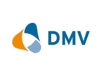 Logo: DMV - Deutsche Mathematiker Vereinigng, orange-blau, blaue Schrift