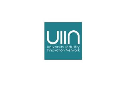 Logo: UIIN - University Industry Innovation Network, petrolfarbener Hintergrund, weiße Schrift